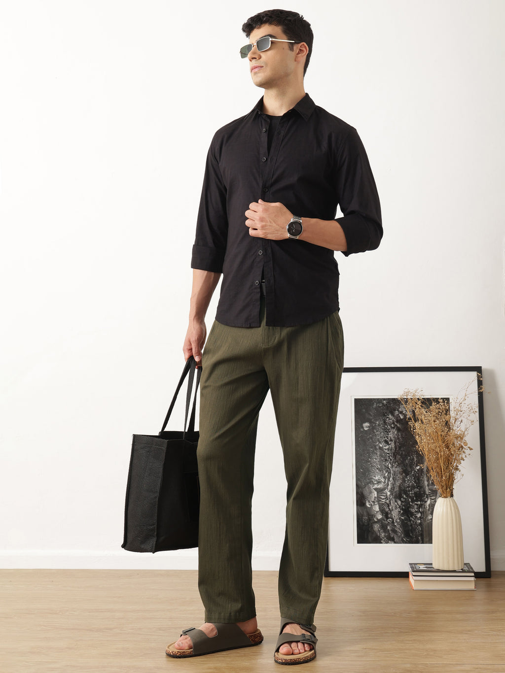 Thomas Scott Men Dark Olive Smart Solid Regular Fit Woven Linen Pleated Trousers