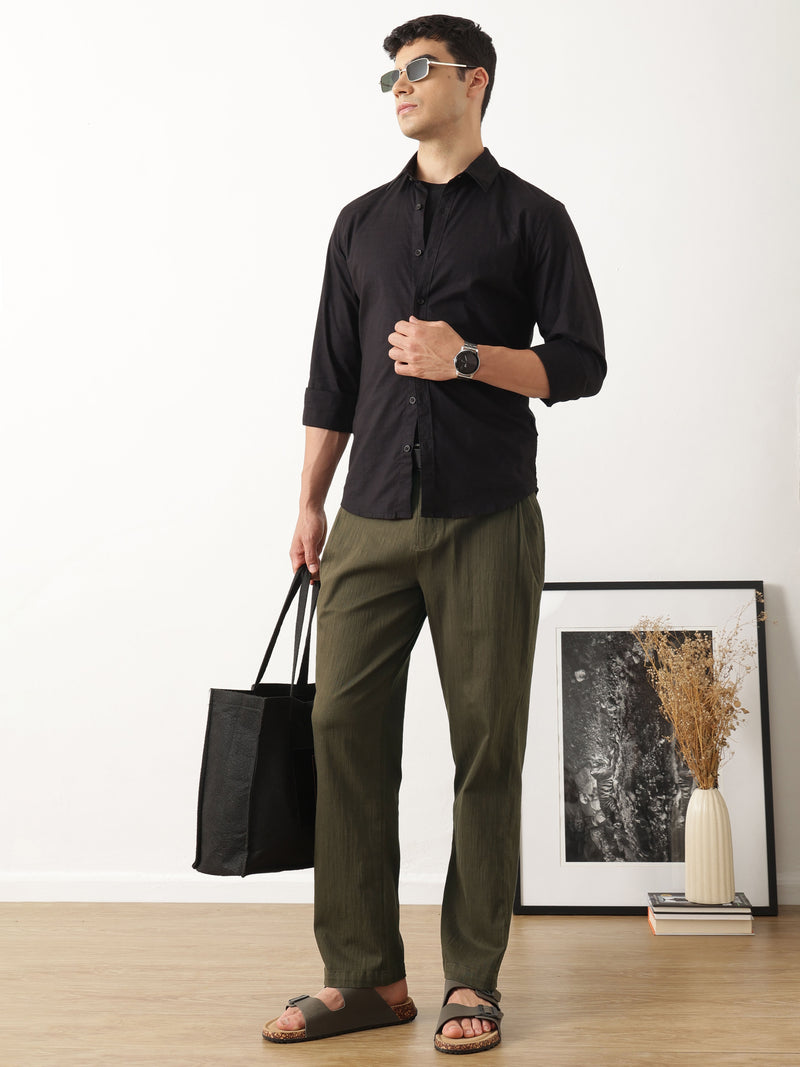 Thomas Scott Men Dark Olive Smart Solid Regular Fit Woven Linen Pleated Trousers