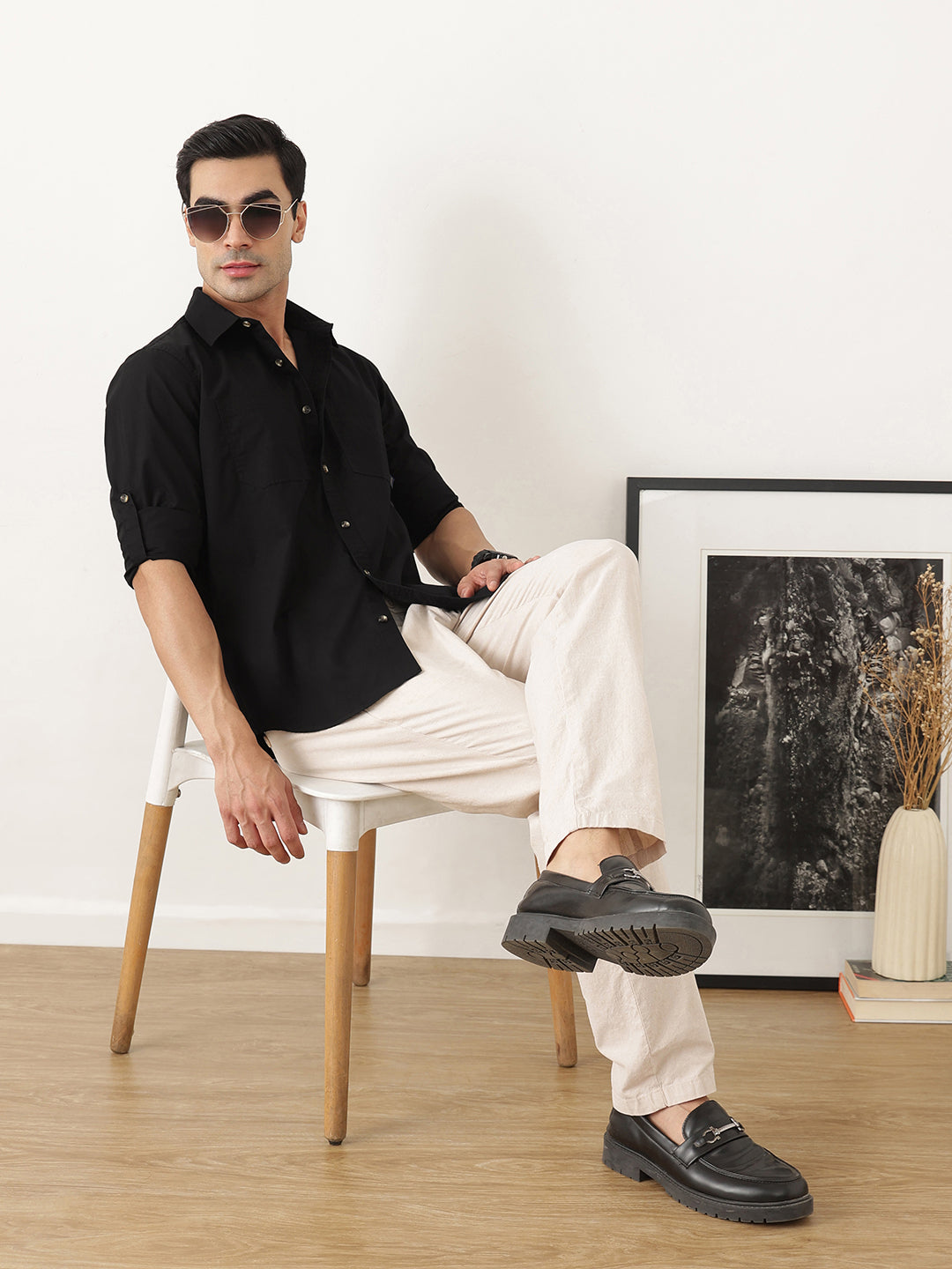 Thomas Scott Men Black Premium Slim Fit Long Roll-Up Sleeves Spread Collar Solid Cotton Casual Shirts