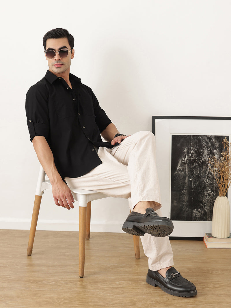 Thomas Scott Men Black Premium Slim Fit Long Roll-Up Sleeves Spread Collar Solid Cotton Casual Shirts