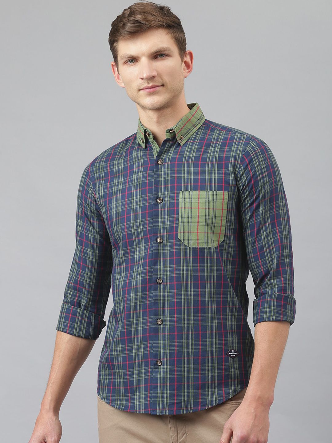 Midnight Blue Relaxed Long Sleeves Slim Fit Tartan Checkes Button-Down Collar Cotton Casual Shirt For Men