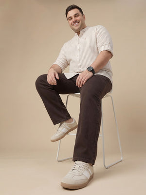 Brown Premium Plus Size Regular Fit Long Roll-Up Sleeves Mandarian Collar Linen Casual Shirt For Men