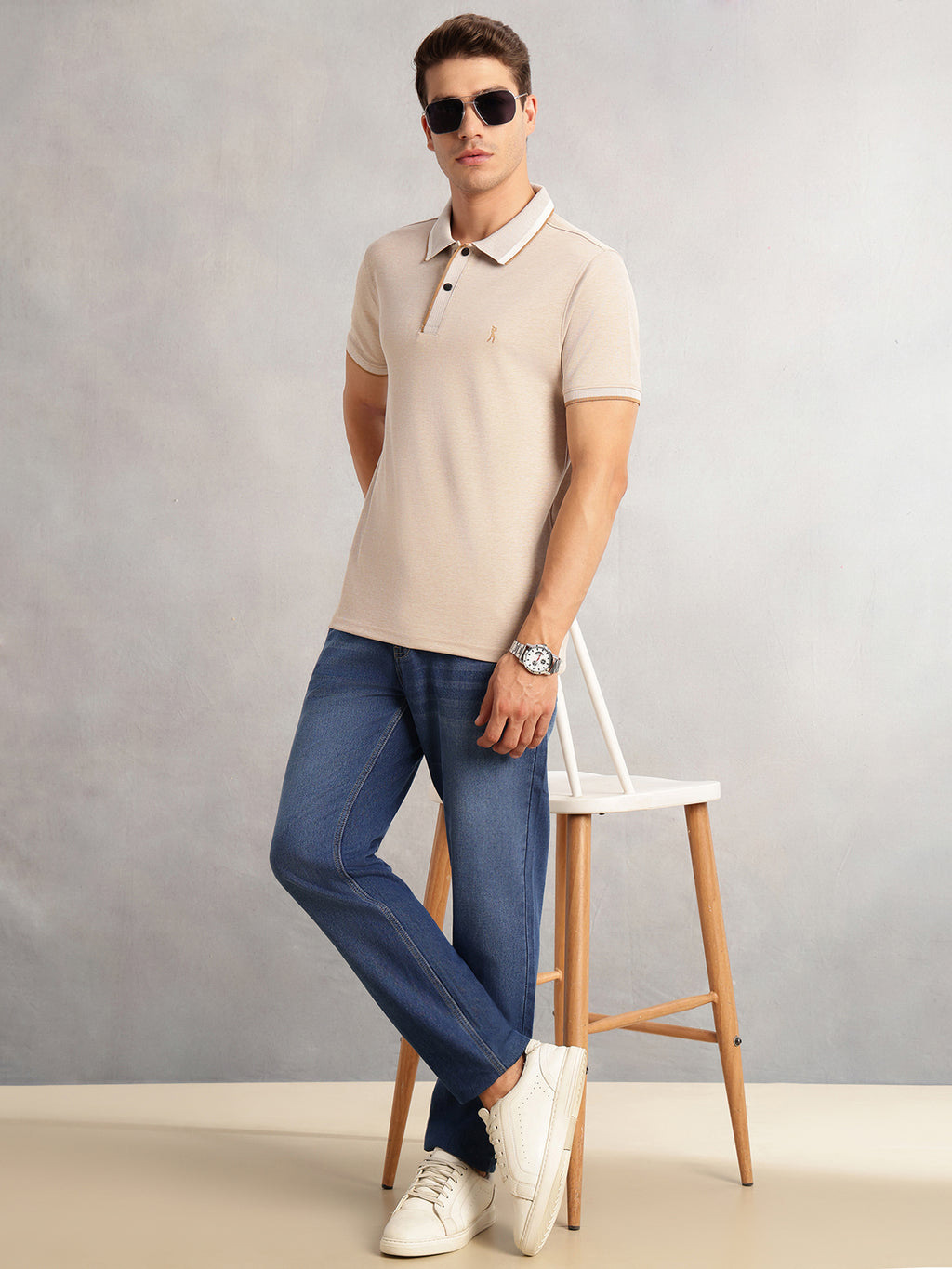 Thomas Scott Men Beige Regular Fit Short Sleeves Polo Collar Knitted Tshirt with Button Closure