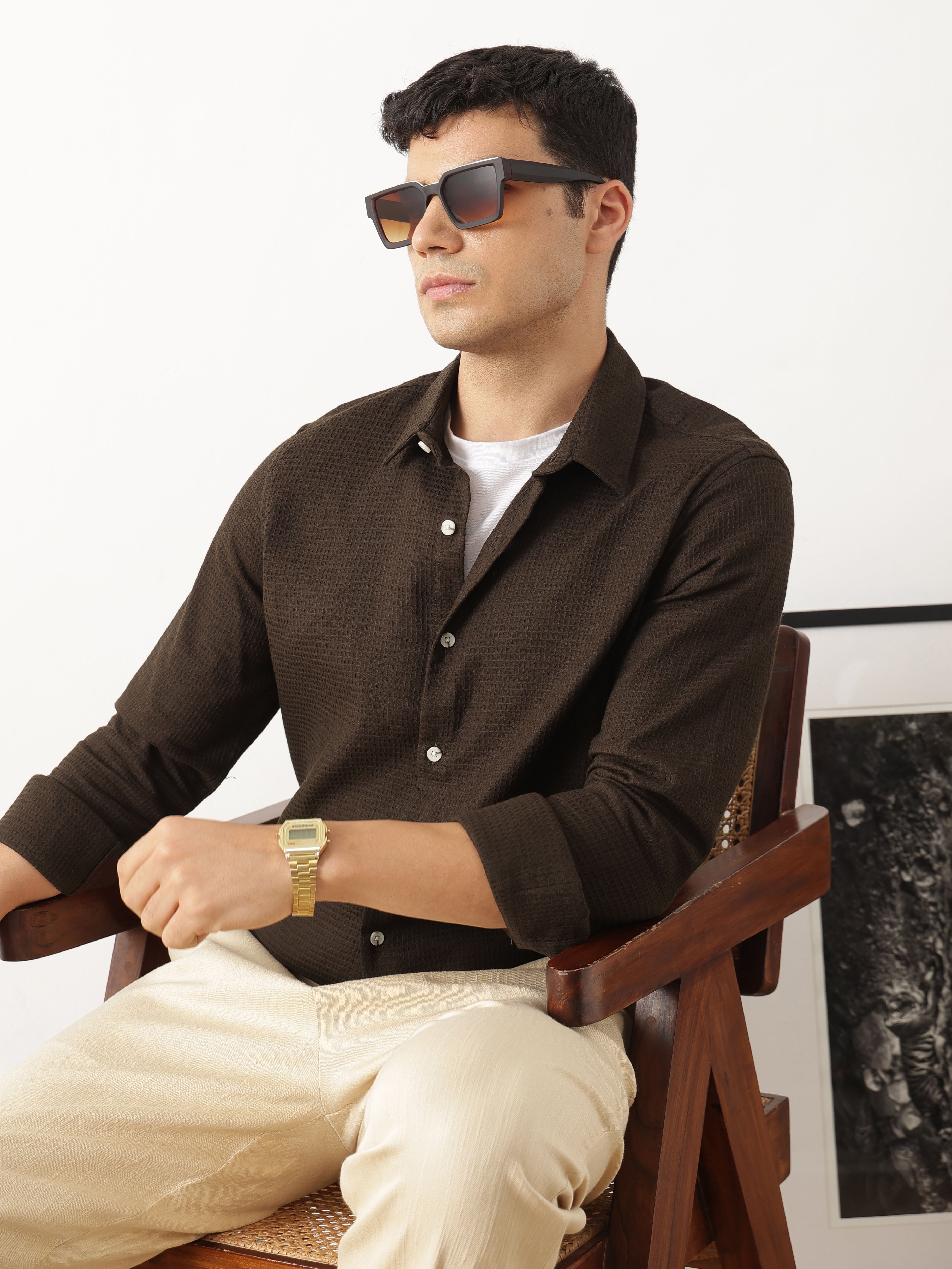 Thomas Scott Men Premium Brown Regular Fit Long Sleeves Spread Collar Textured Casual Shirt