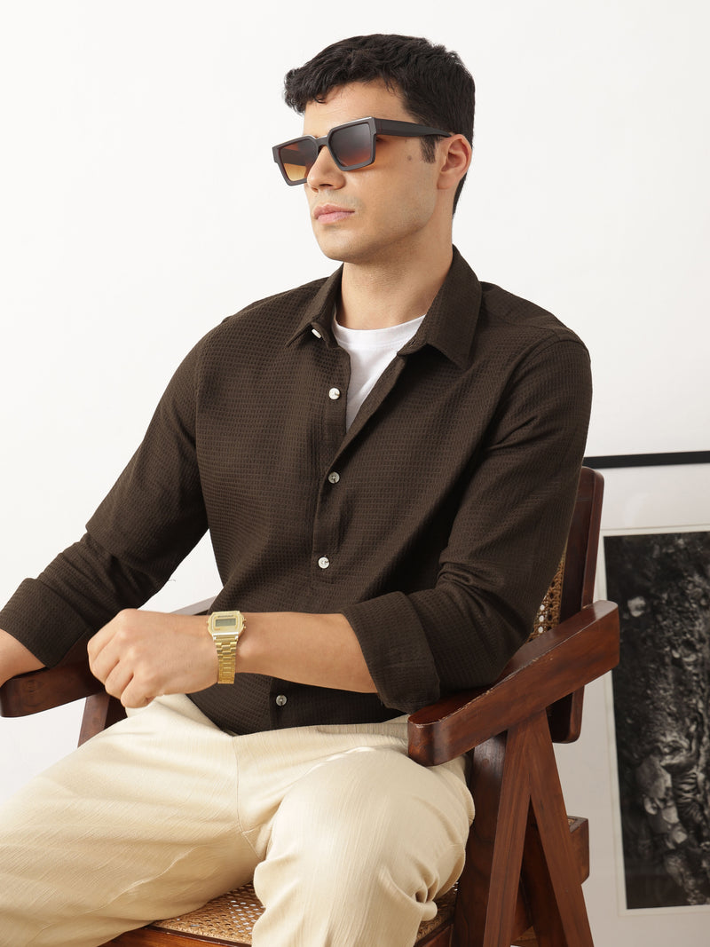 Thomas Scott Men Premium Brown Regular Fit Long Sleeves Spread Collar Textured Casual Shirt