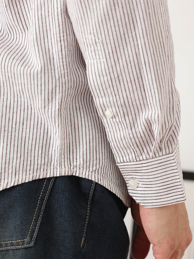 Thomas Scott Men Premium Maroon Regular Fit Long Sleeves Spread Collar Pinstripes Cotton Linen Casual Shirt