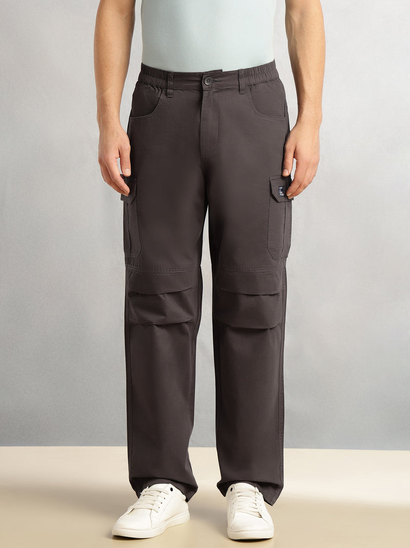 Thomas Scott Men Dark Grey Cricket Club Collection Mid-Rise 100% Cotton Loose Fit Solid Woven Cargo Trouser