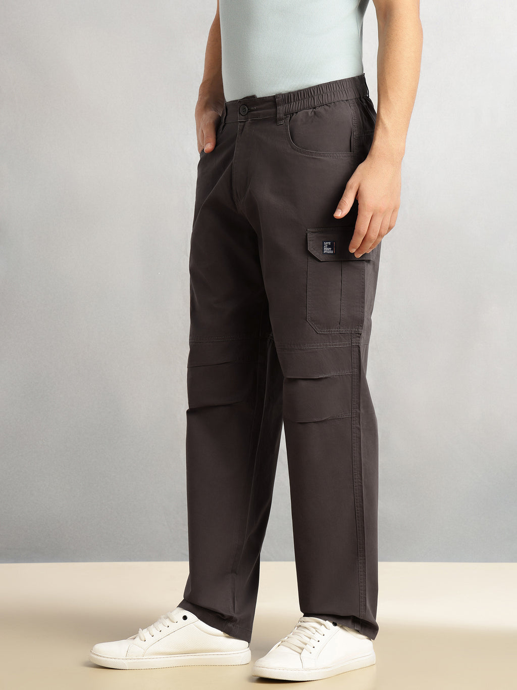 Thomas Scott Men Dark Grey Cricket Club Collection Mid-Rise 100% Cotton Loose Fit Solid Woven Cargo Trouser