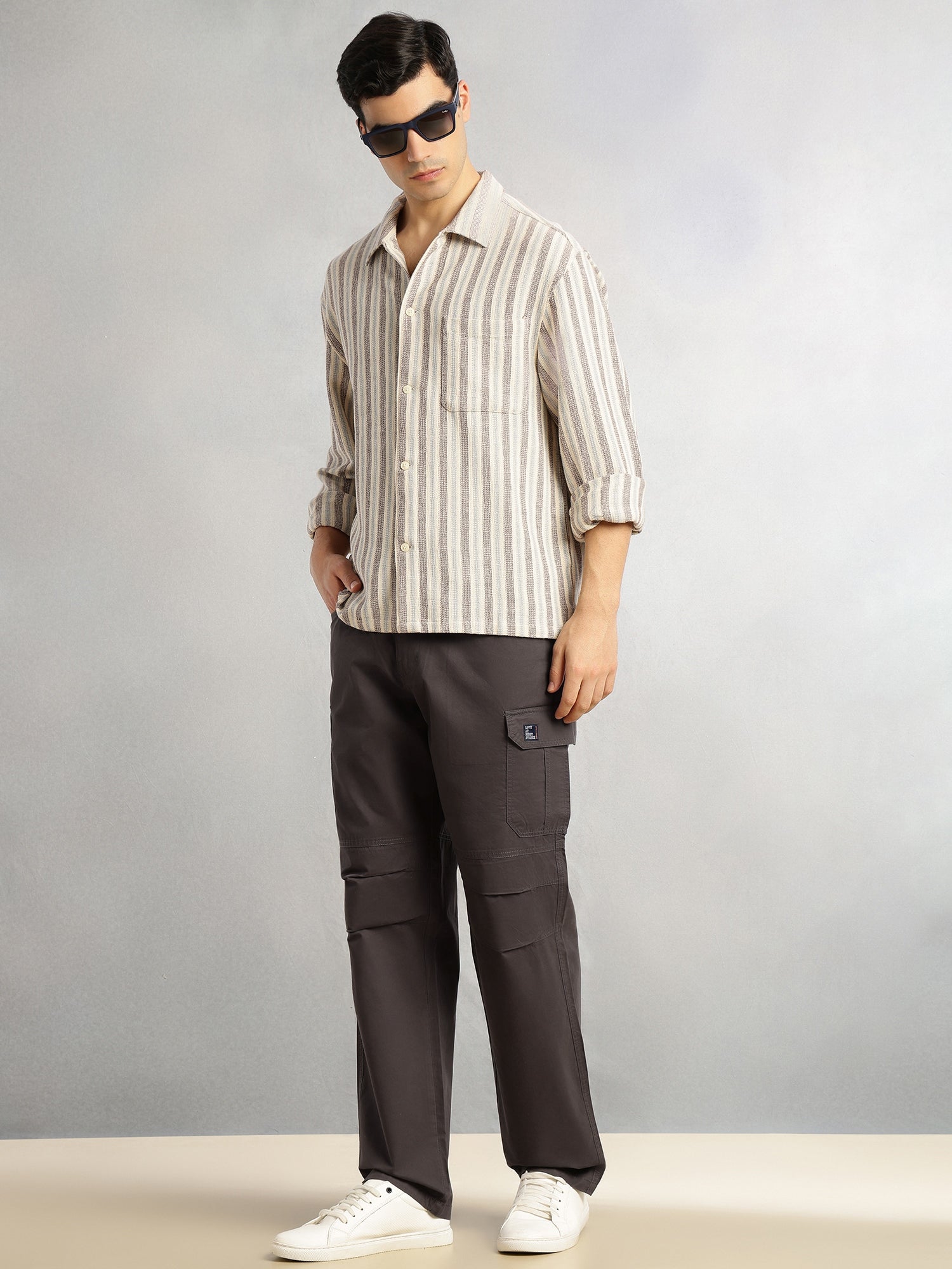 Thomas Scott Men Dark Grey Cricket Club Collection Mid-Rise 100% Cotton Loose Fit Solid Woven Cargo Trouser