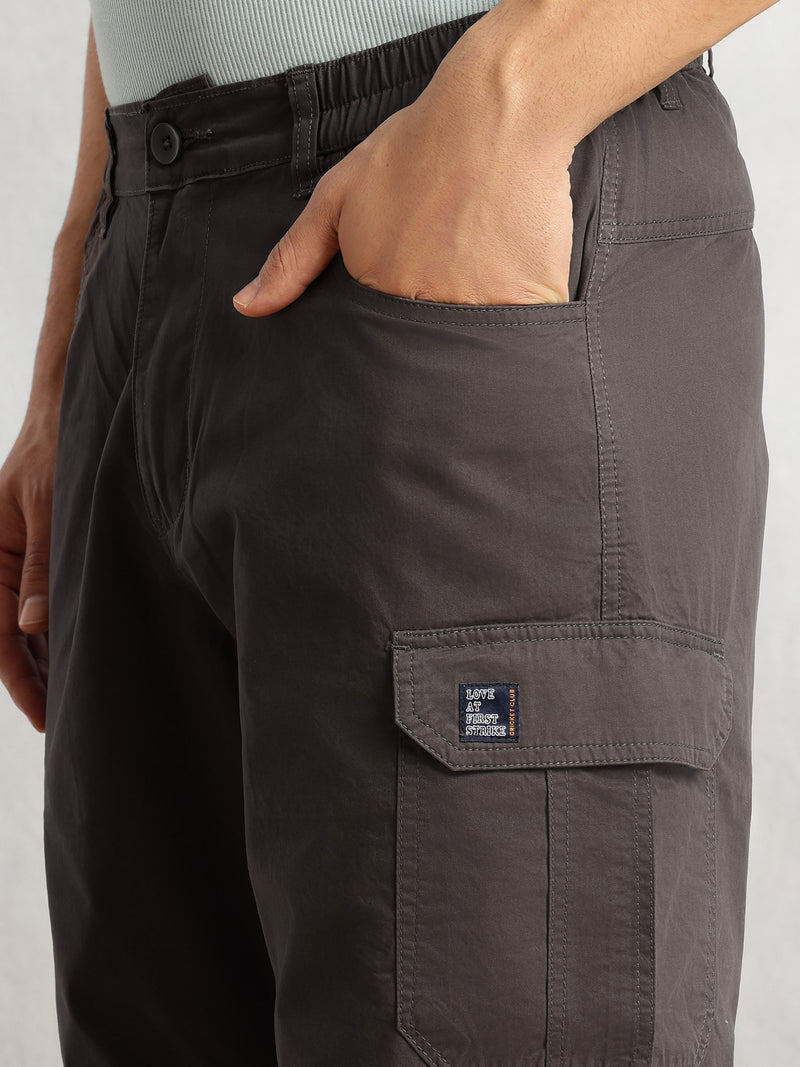 Thomas Scott Men Dark Grey Cricket Club Collection Mid-Rise 100% Cotton Loose Fit Solid Woven Cargo Trouser