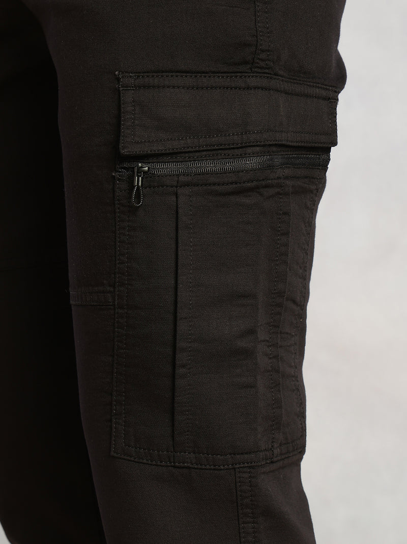 Thomas Scott Men Black Regular Fit Mid-Rise Solid Woven Utility Cargo Trouser