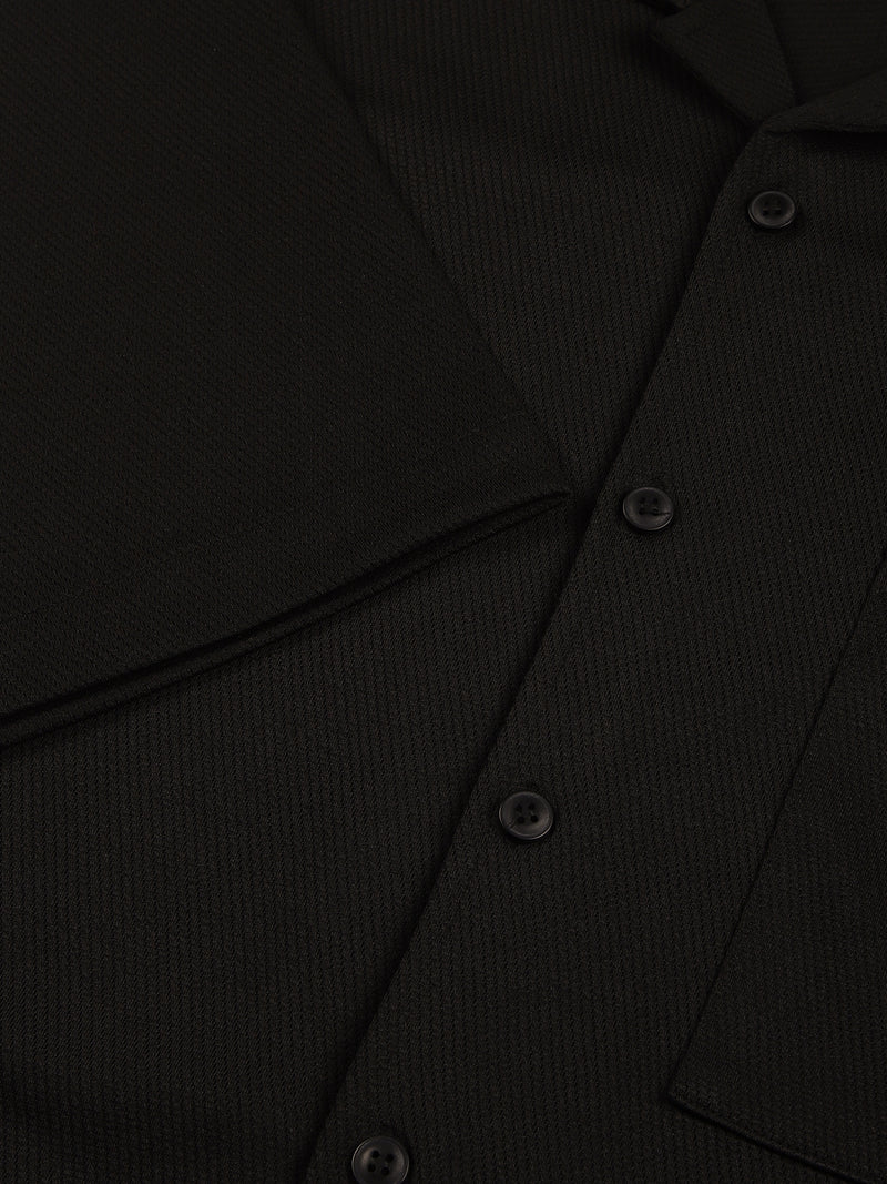 Thomas Scott Men Black Premium Short Sleeves Regular Fit Cuban Collar Textured Cotton Twill Shirt