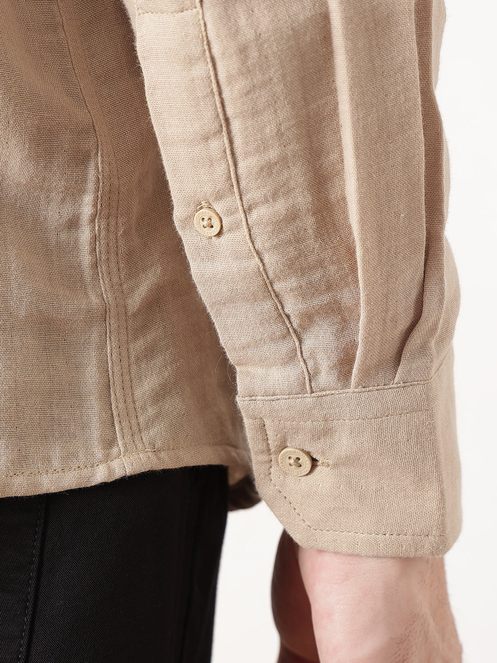 Beige Premium Regular Fit Long Sleeves Spread Collar Solid Cotton Casual Shirt For Men