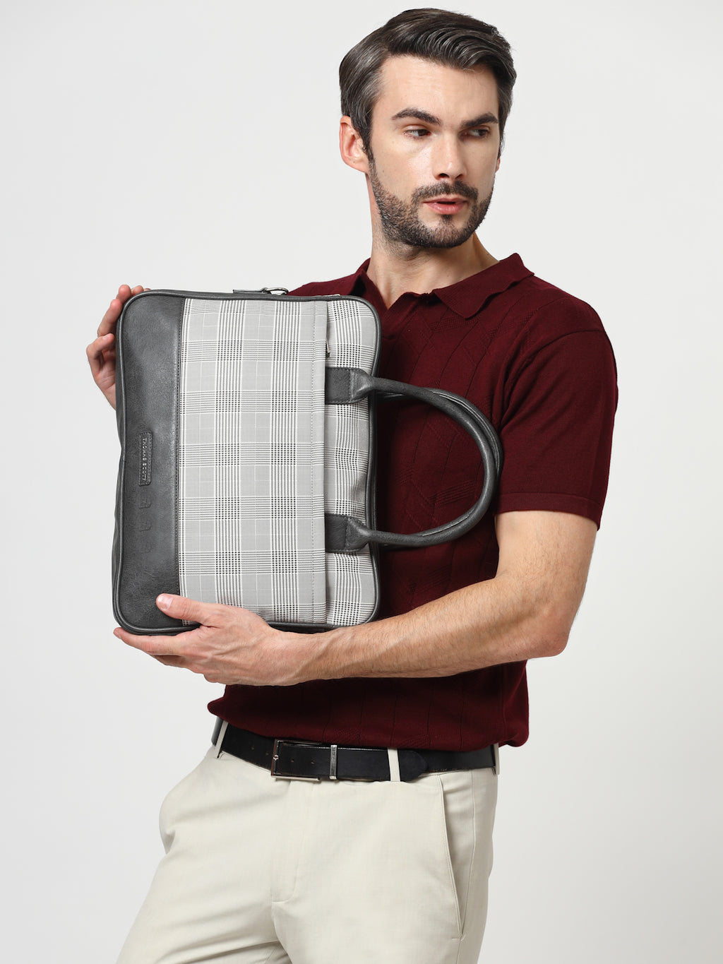 Thomas Scott Men Checked PU Laptop Bag