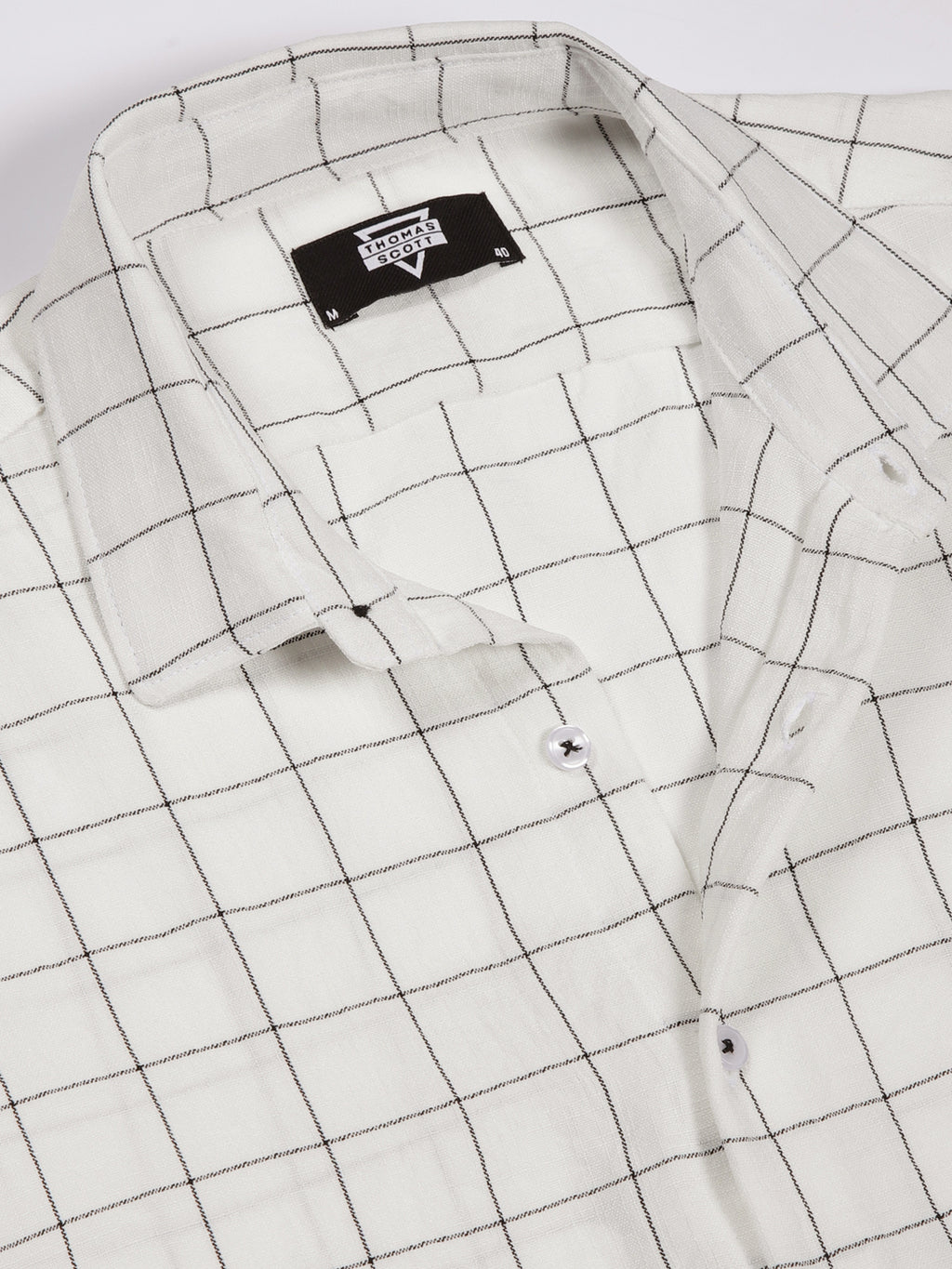 Thomas Scott Men White Smart Spread Collar Windowpane Checked Slim Fit Casual Shirt