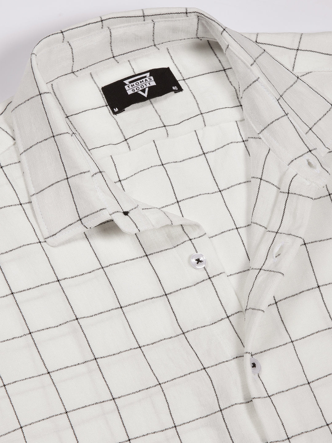 Thomas Scott Men White Smart Spread Collar Windowpane Checked Slim Fit Casual Shirt