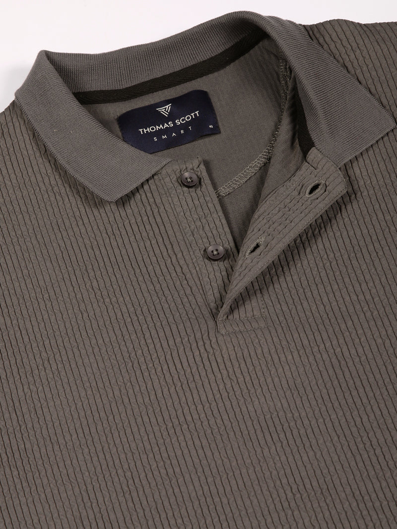 Thomas Scott Men Smart Self Design Polo Full Sleeves T-shirt