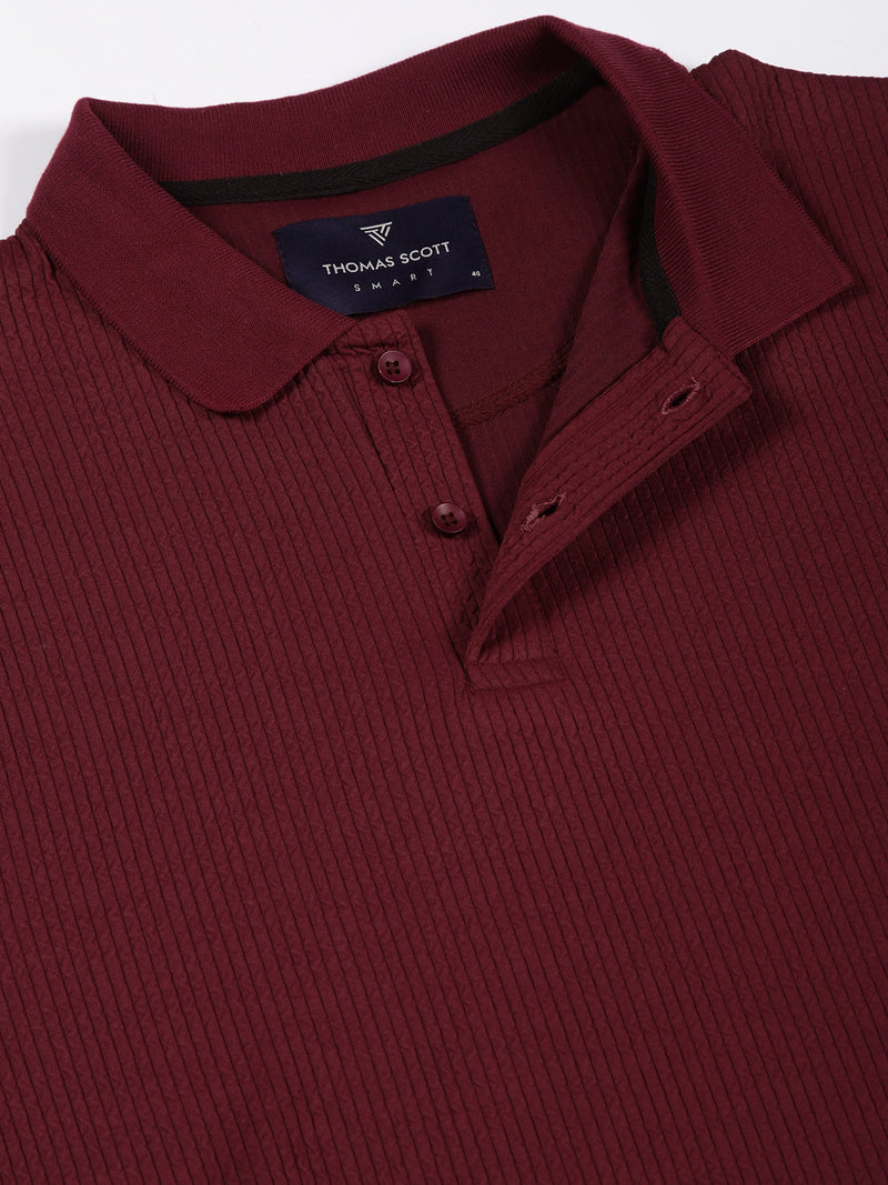 Thomas Scott Men Smart Self Design Polo Full Sleeves T-shirt
