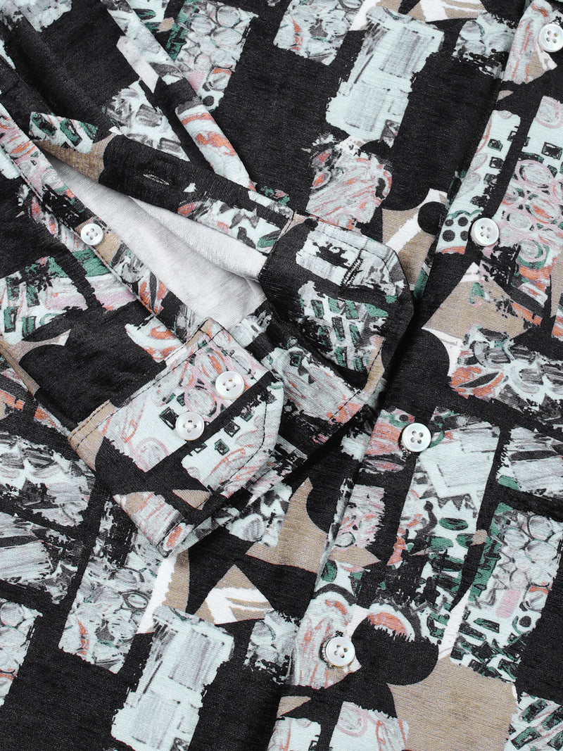 Thomas Scott Men Black Slim Fit Long Sleeves Abstract Printed Casual Shirt
