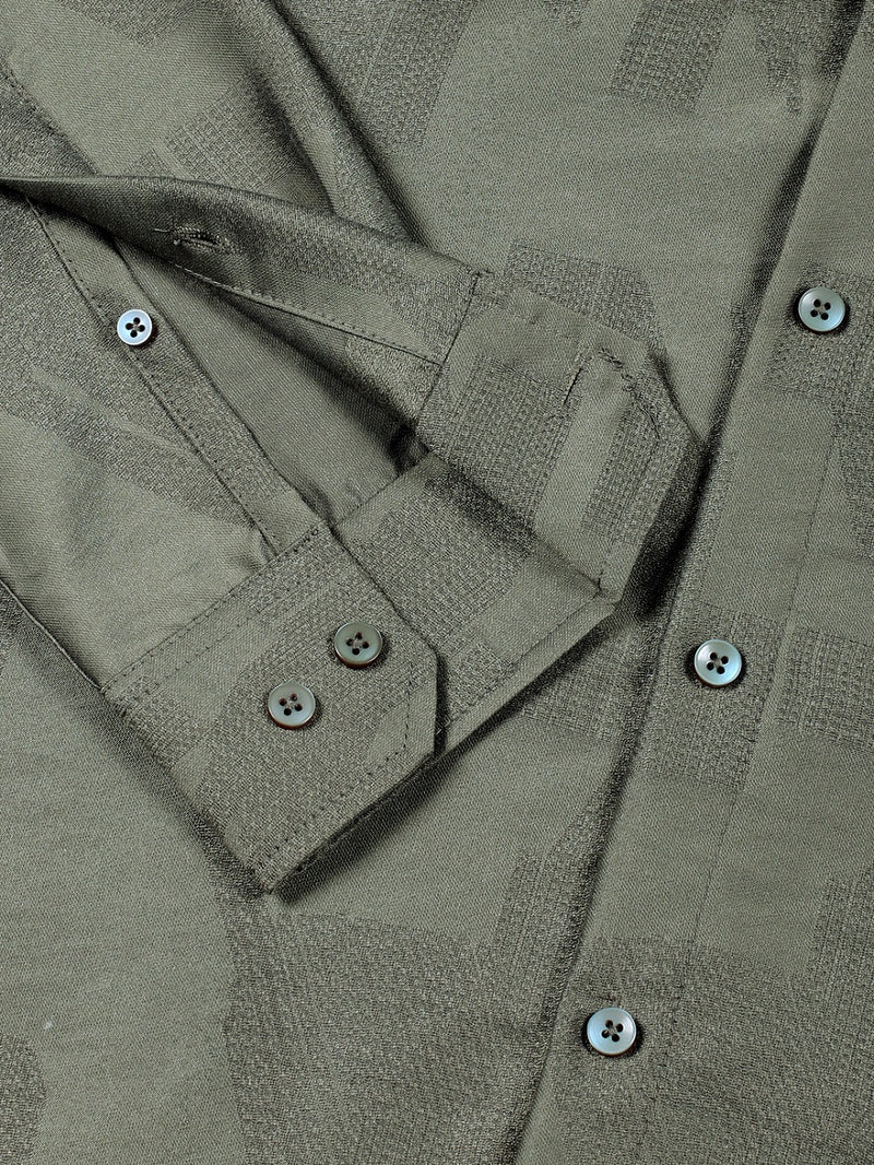 Thomas Scott Men Olive Slim Fit Long Sleeves Solid Self Design Casual Shirt