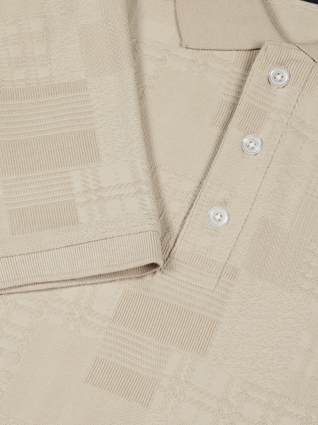 Thomas Scott Men Beige Textured Polo Collar Regular Fit T-shirt