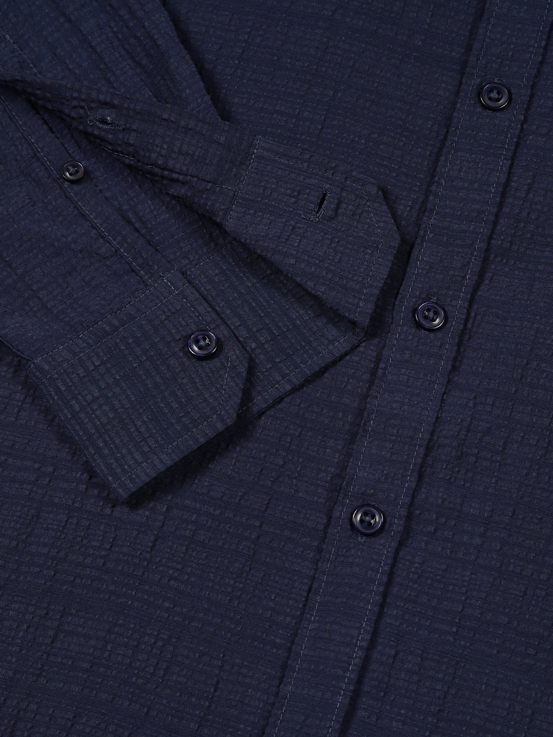 Thomas Scott Men MidBlue Slim Fit Solid Seersucker Casual Shirt
