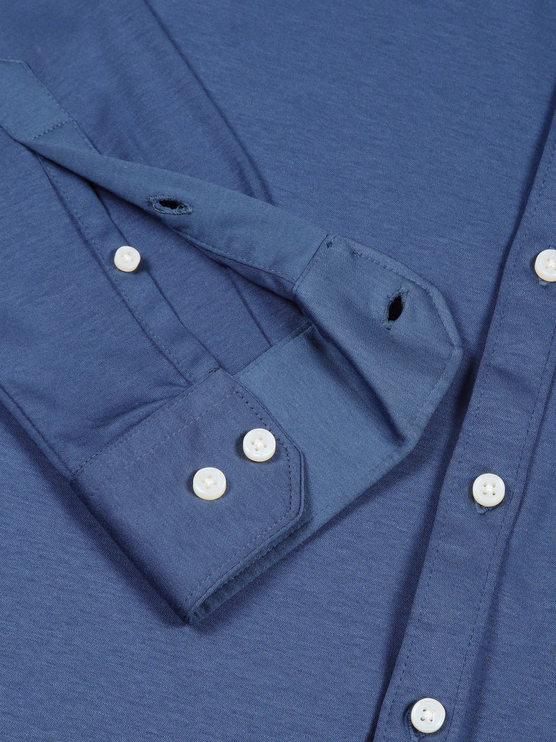 Thomas Scott Men Medium Blue Spread Collar Slim Fit Long Sleeves Solid Knitted Shirt