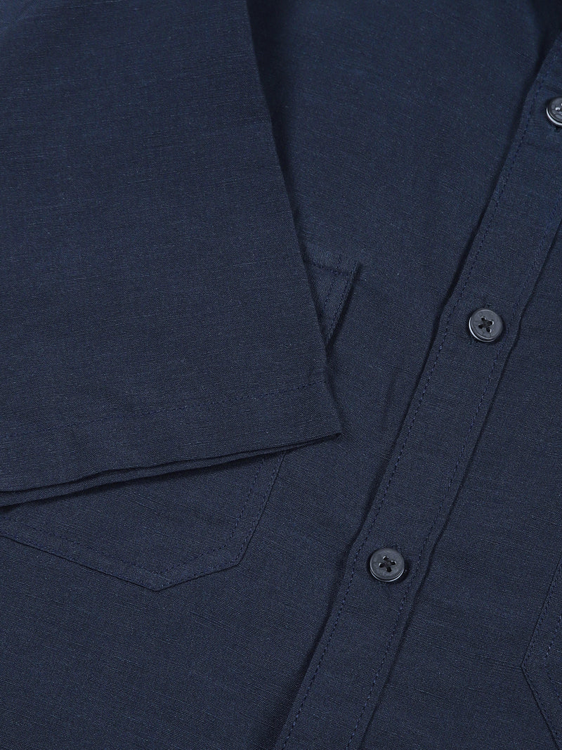 Thomas Scott Men Navy Slim Fit Solid Linen Casual Shirt