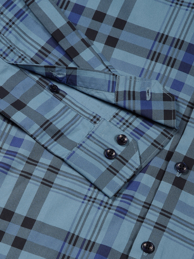 Thomas Scott Men NavyBlue Slim Fit Windowpane Checked Cotton Formal Shirt