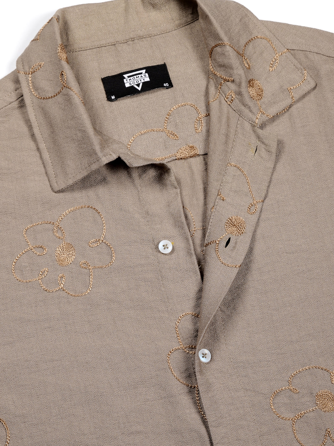 Thomas Scott Men Beige Regular Fit Short Sleeves Cuban Collar Embroidered Shirt
