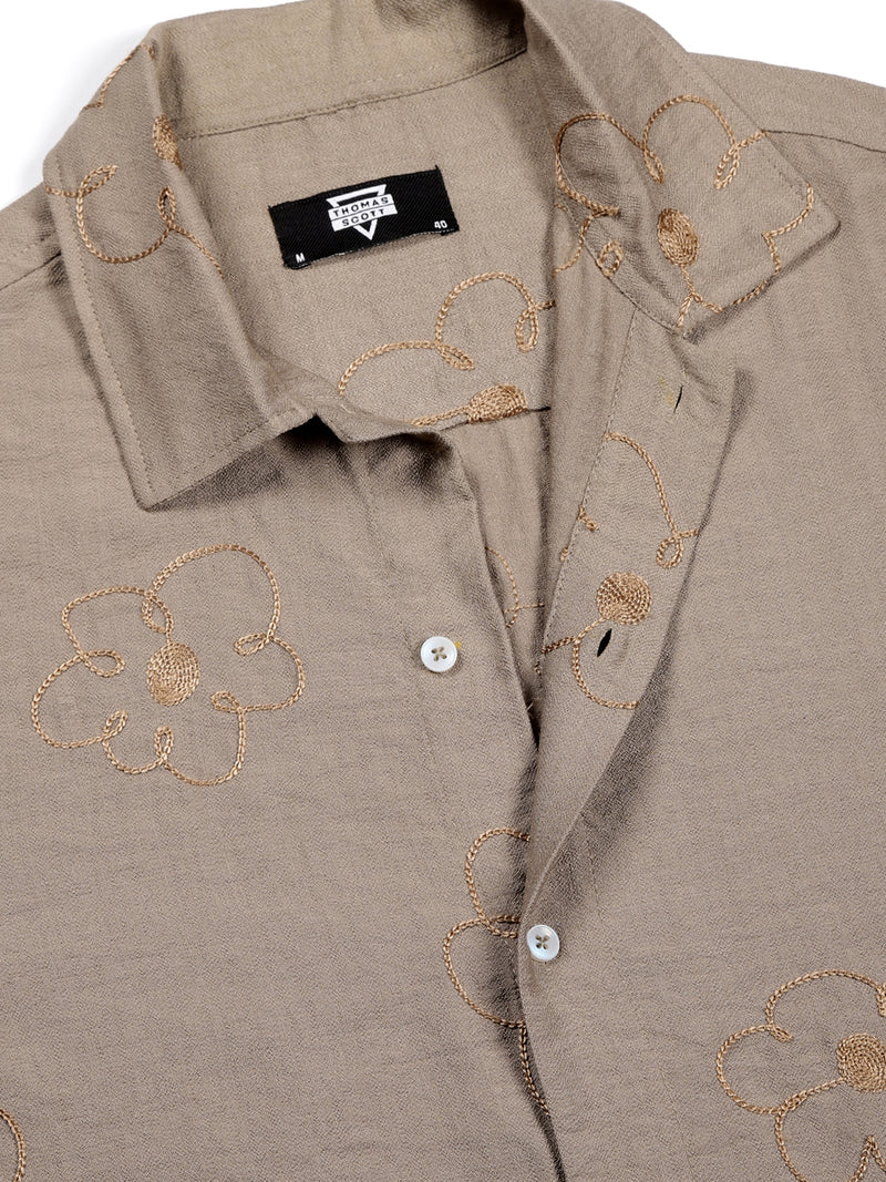 Thomas Scott Men Beige Regular Fit Short Sleeves Cuban Collar Embroidered Shirt
