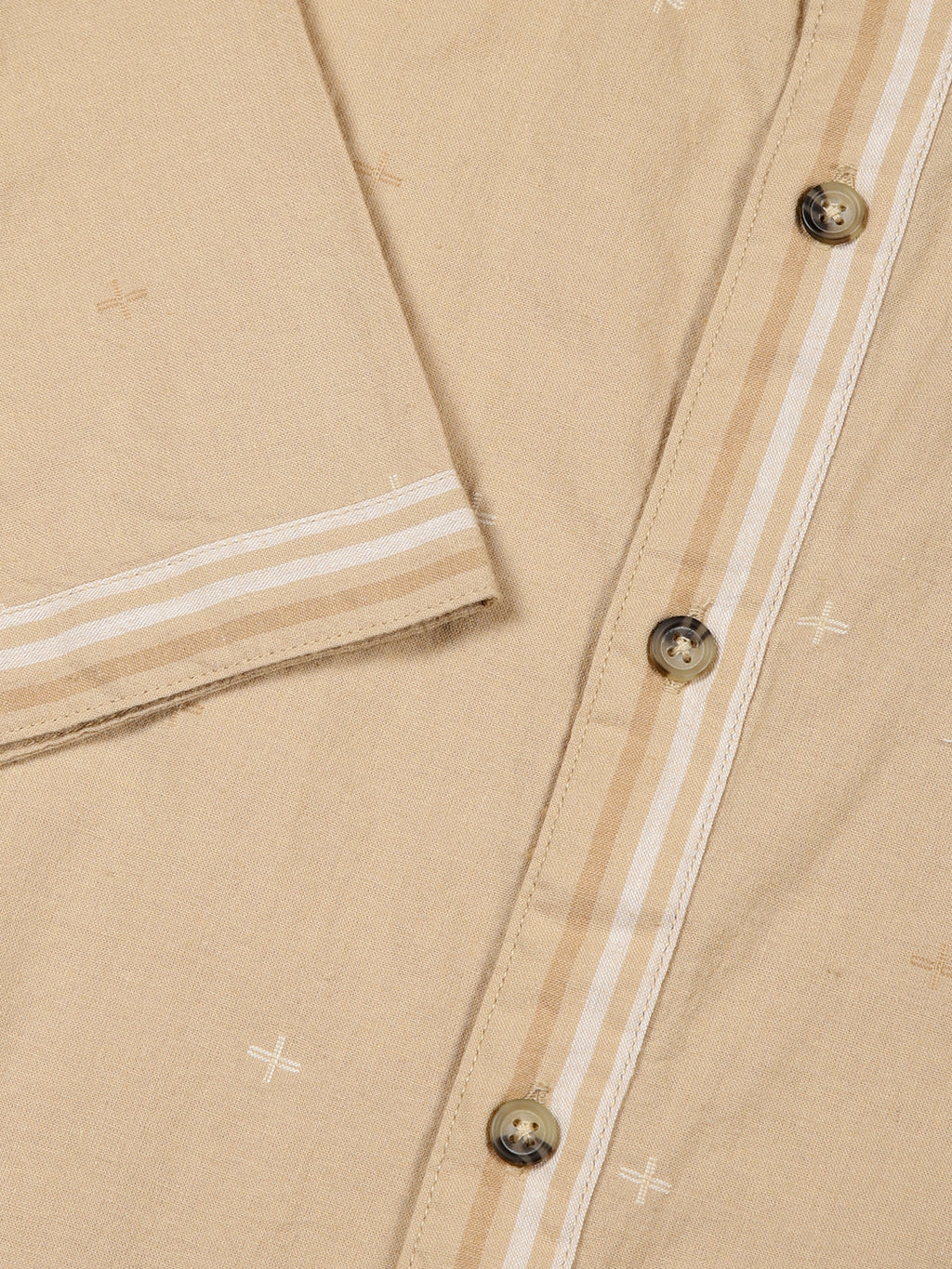 Thomas Scott Men Beige Slim Fit Short Sleeve Mandarin Collar Cotton Casual Shirt