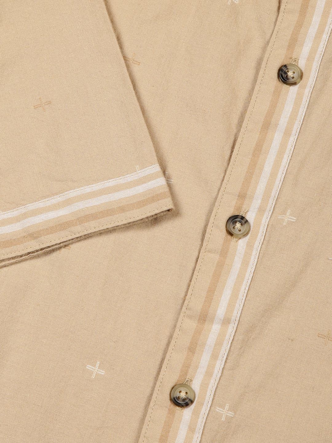 Thomas Scott Men Beige Slim Fit Short Sleeve Mandarin Collar Cotton Casual Shirt