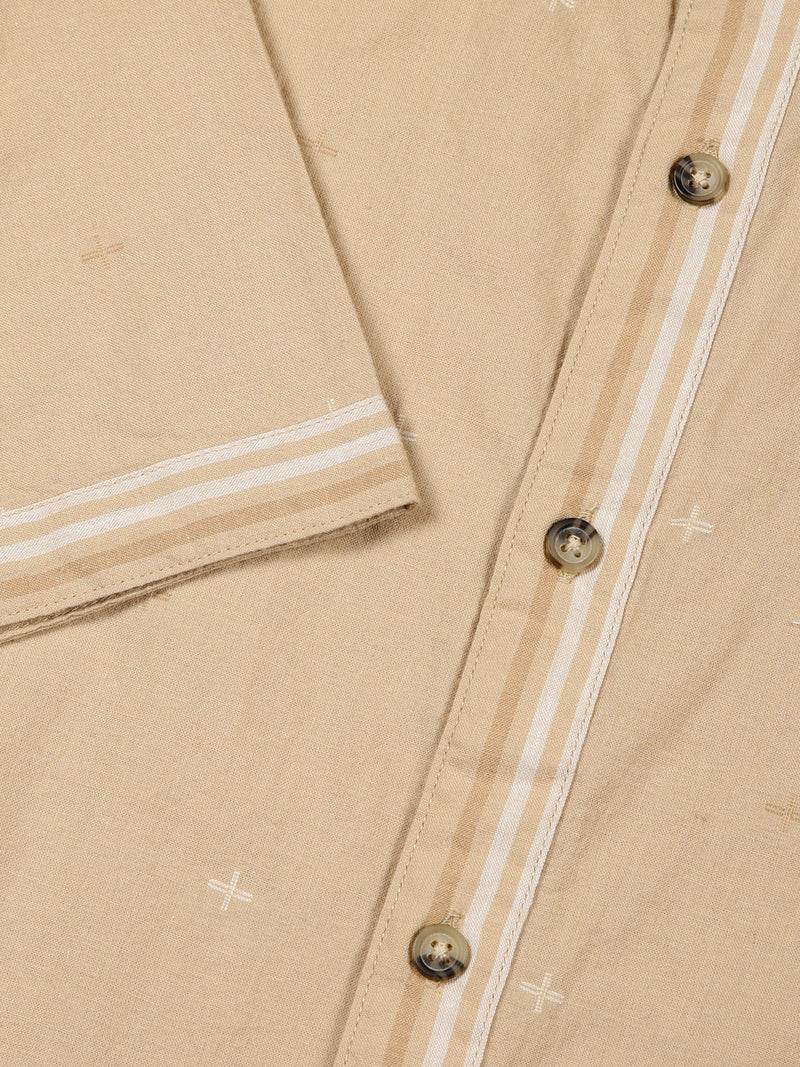 Thomas Scott Men Beige Slim Fit Short Sleeve Mandarin Collar Cotton Casual Shirt
