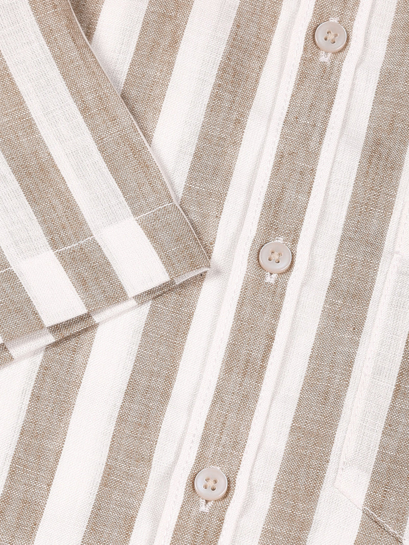 Thomas Scott Men Brown Slim Fit Short Sleeves Vertical Striped Linen Shirt