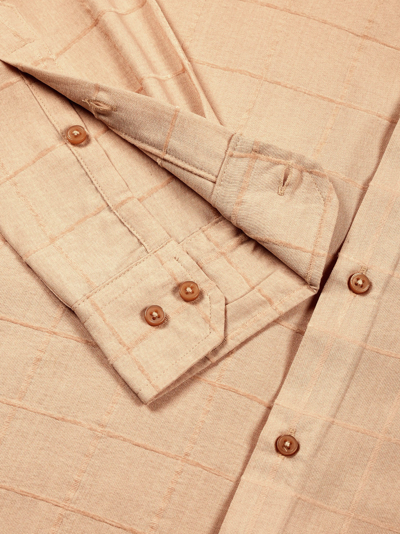 Thomas Scott Men Beige Regular Fit Long Sleeves Spread Collar Windowpane Checks Casual Shirt