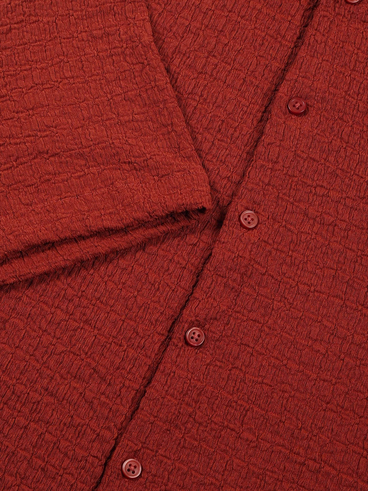 Thomas Scott Men Rust Regular Fit Short Sleeves Cuban Collar Seersucker Shirt