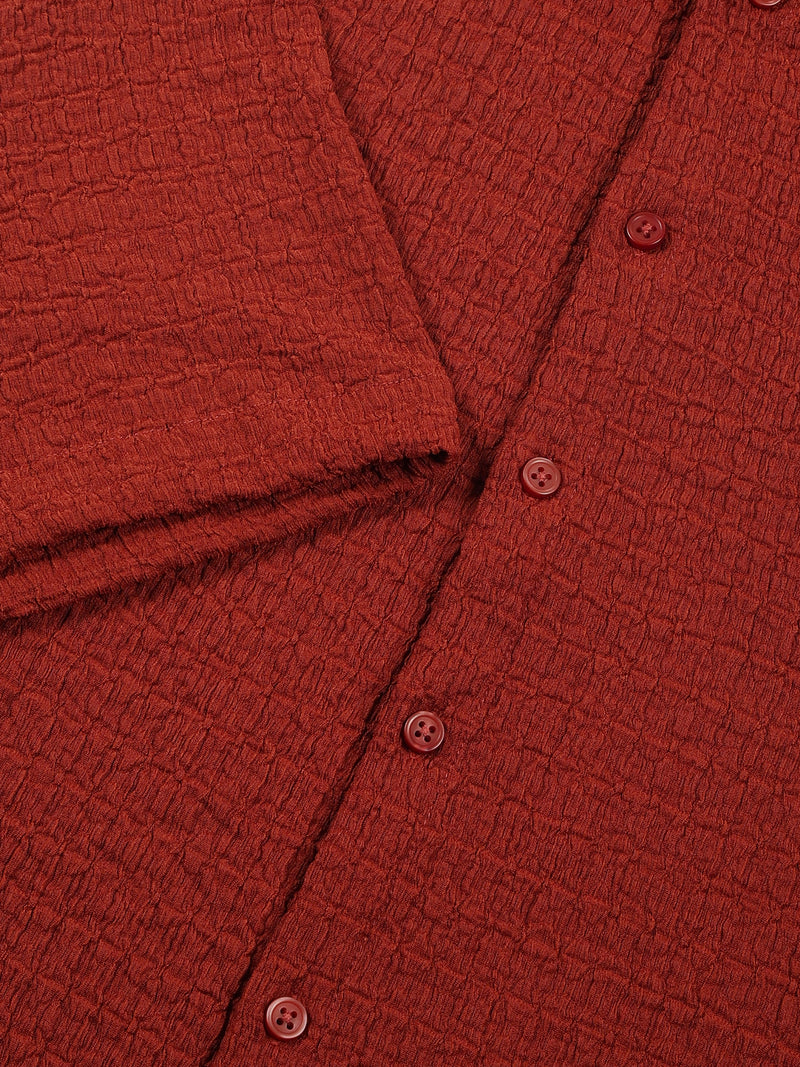 Thomas Scott Men Rust Regular Fit Short Sleeves Cuban Collar Seersucker Shirt