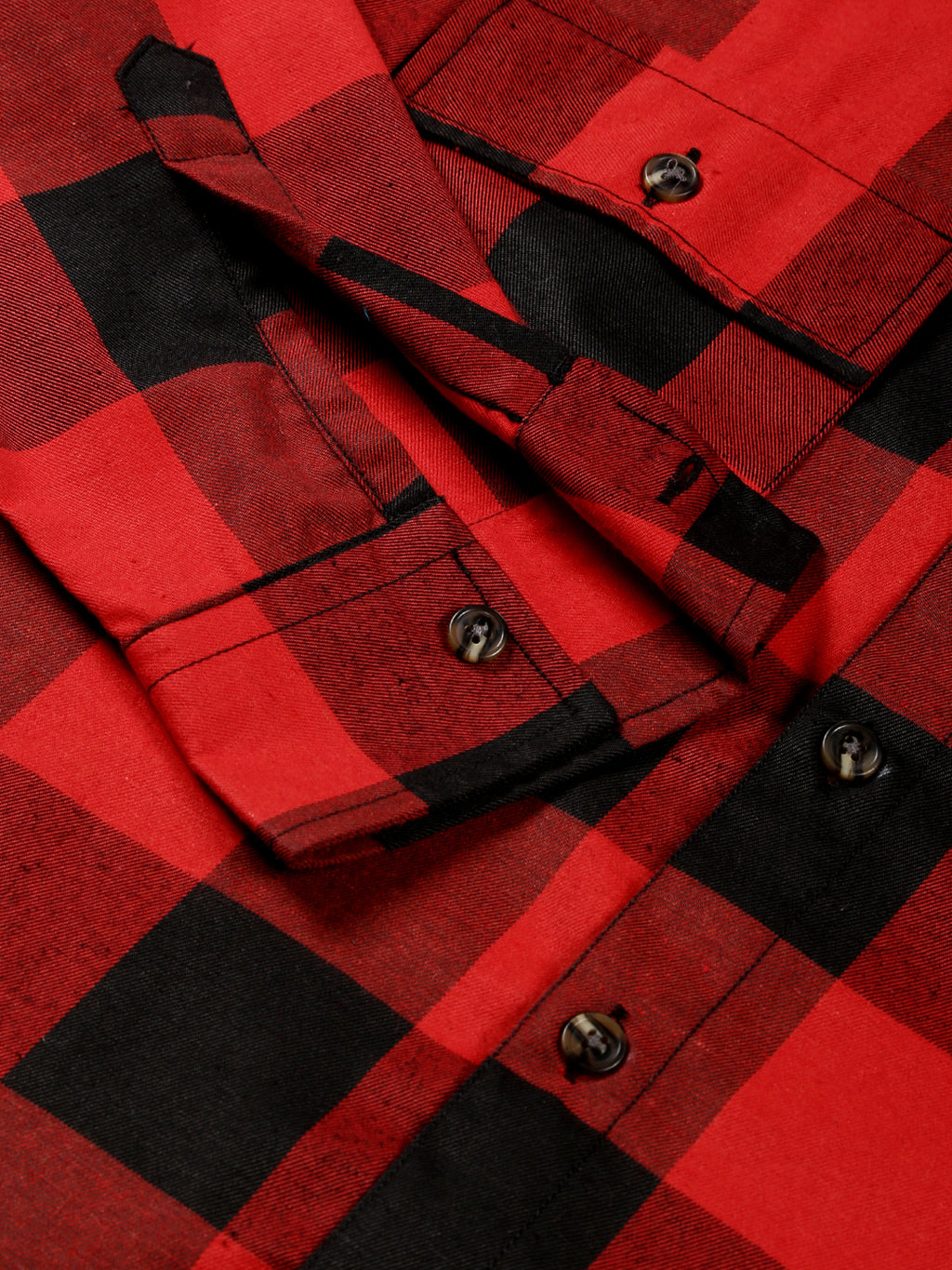 Thomas Scott Men Red Regular Fit Long Sleeves Buffalo Checked 2 Flap Pockets Twill Cotton Shirt