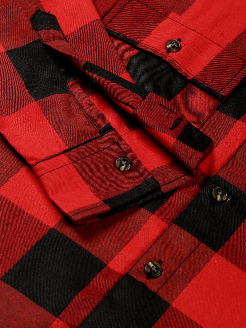 Thomas Scott Men Red Regular Fit Long Sleeves Buffalo Checked 2 Flap Pockets Twill Cotton Shirt