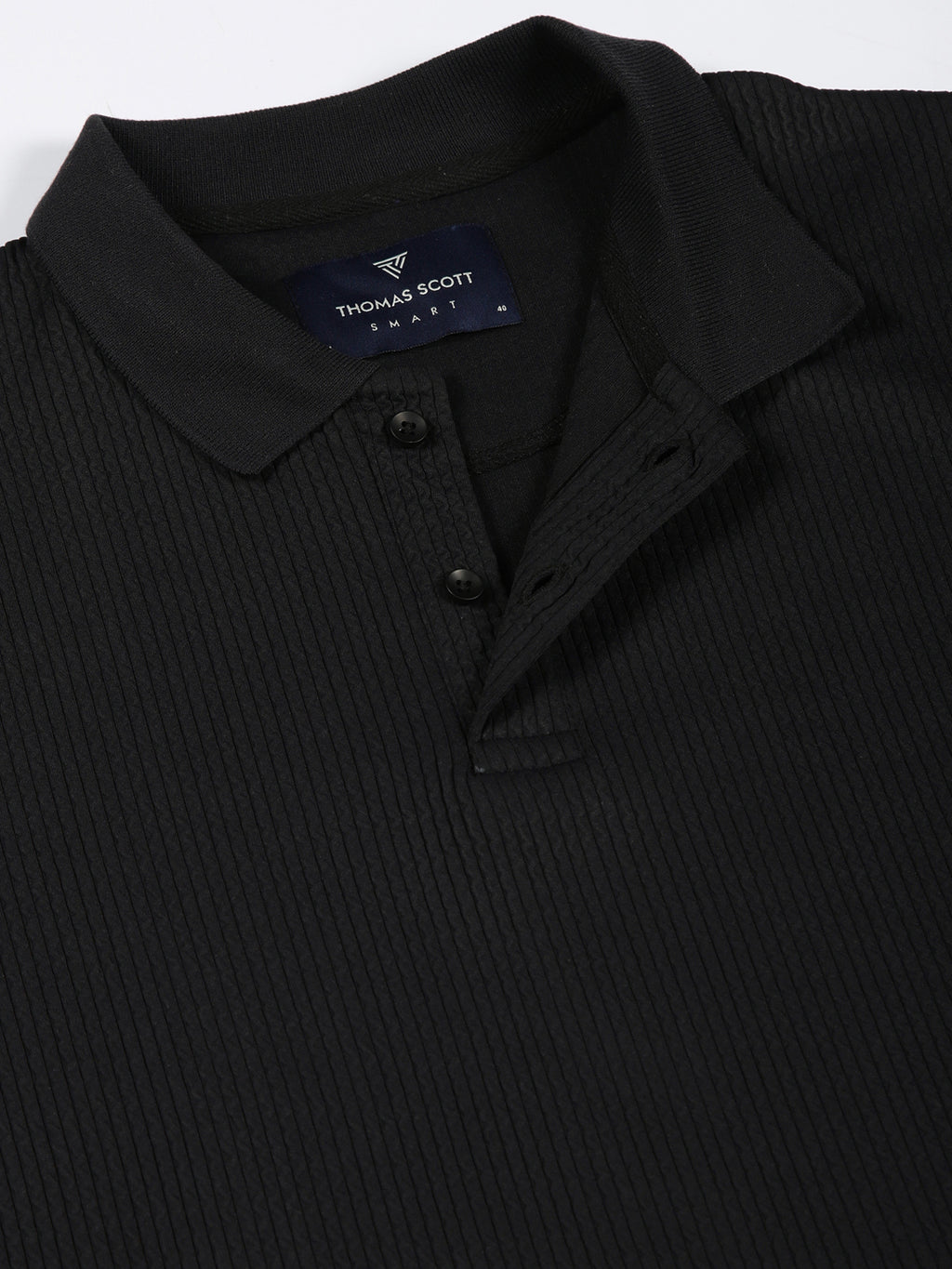 Thomas Scott Men Black Regular Fit Long Sleeves Pinstripes Polo Collar Knitted Tshirt