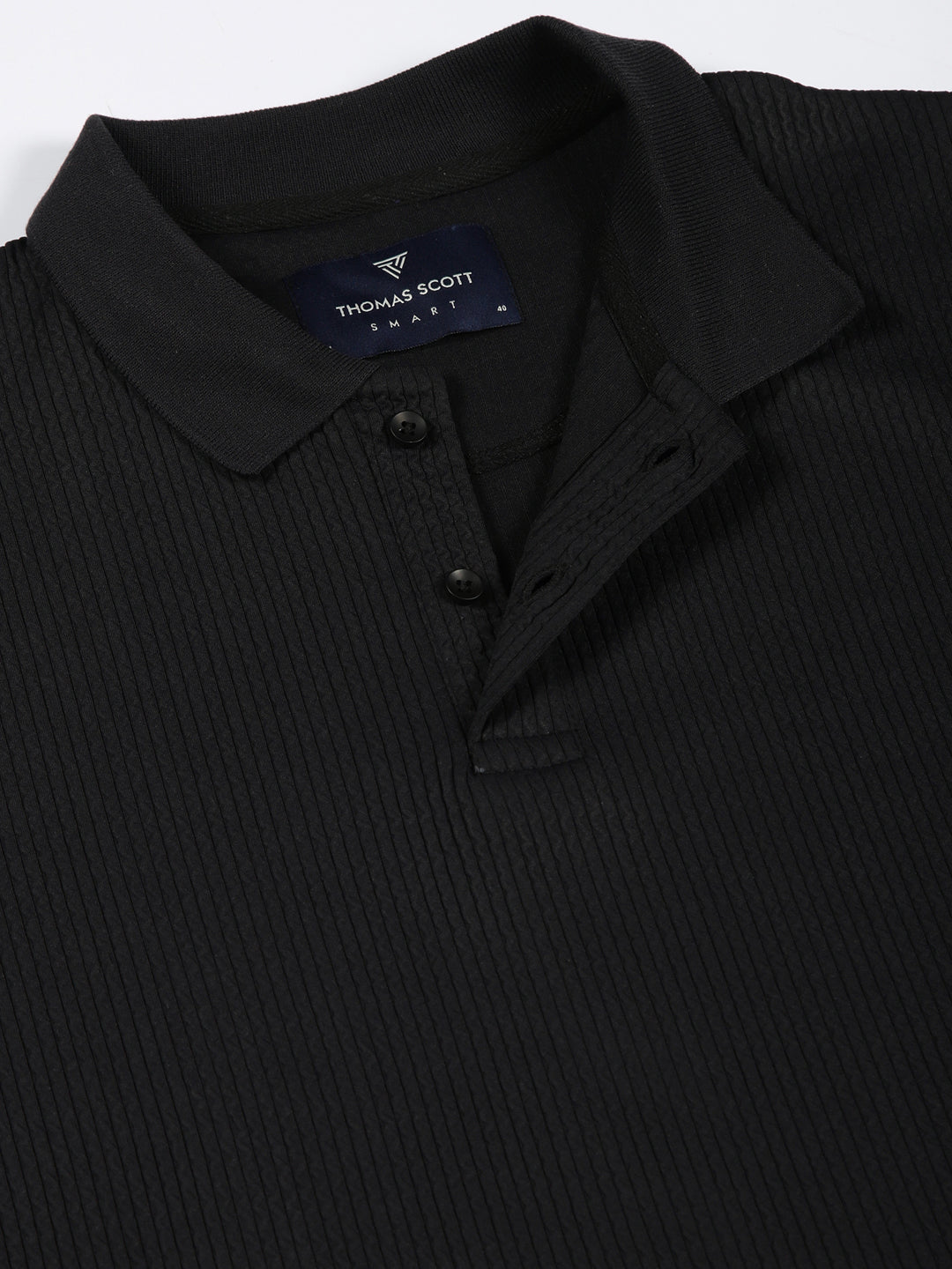 Thomas Scott Men Black Regular Fit Long Sleeves Pinstripes Polo Collar Knitted Tshirt