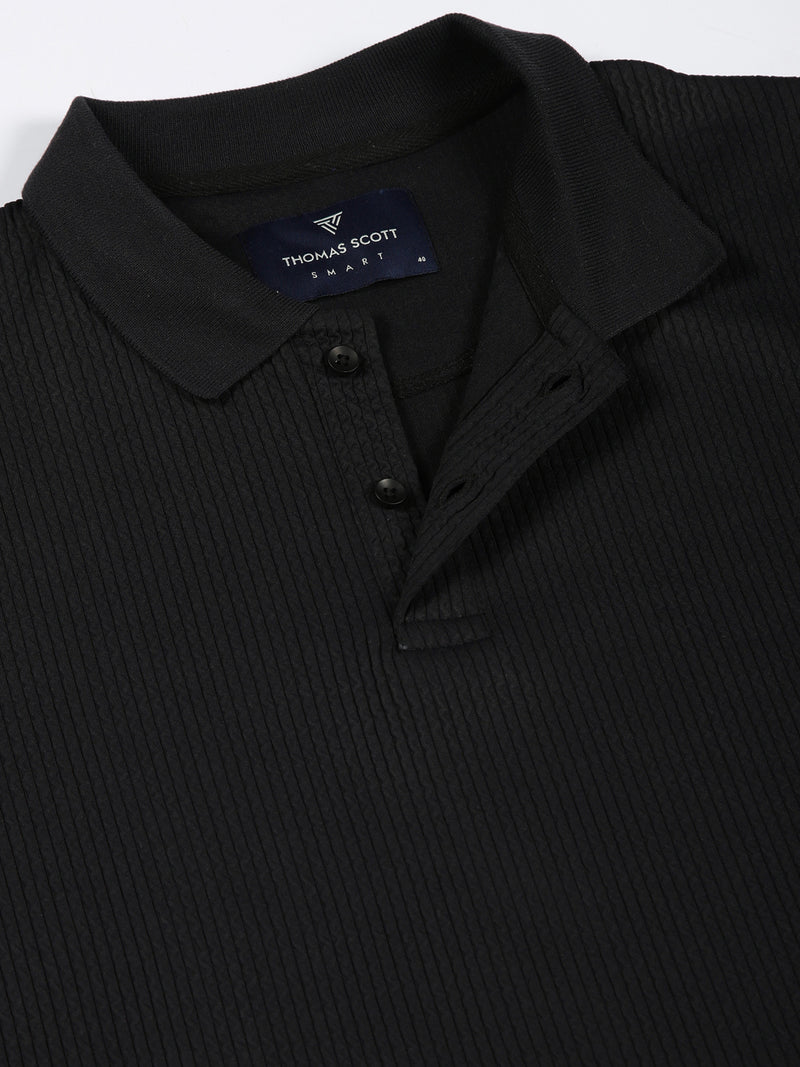 Thomas Scott Men Black Regular Fit Long Sleeves Pinstripes Polo Collar Knitted Tshirt