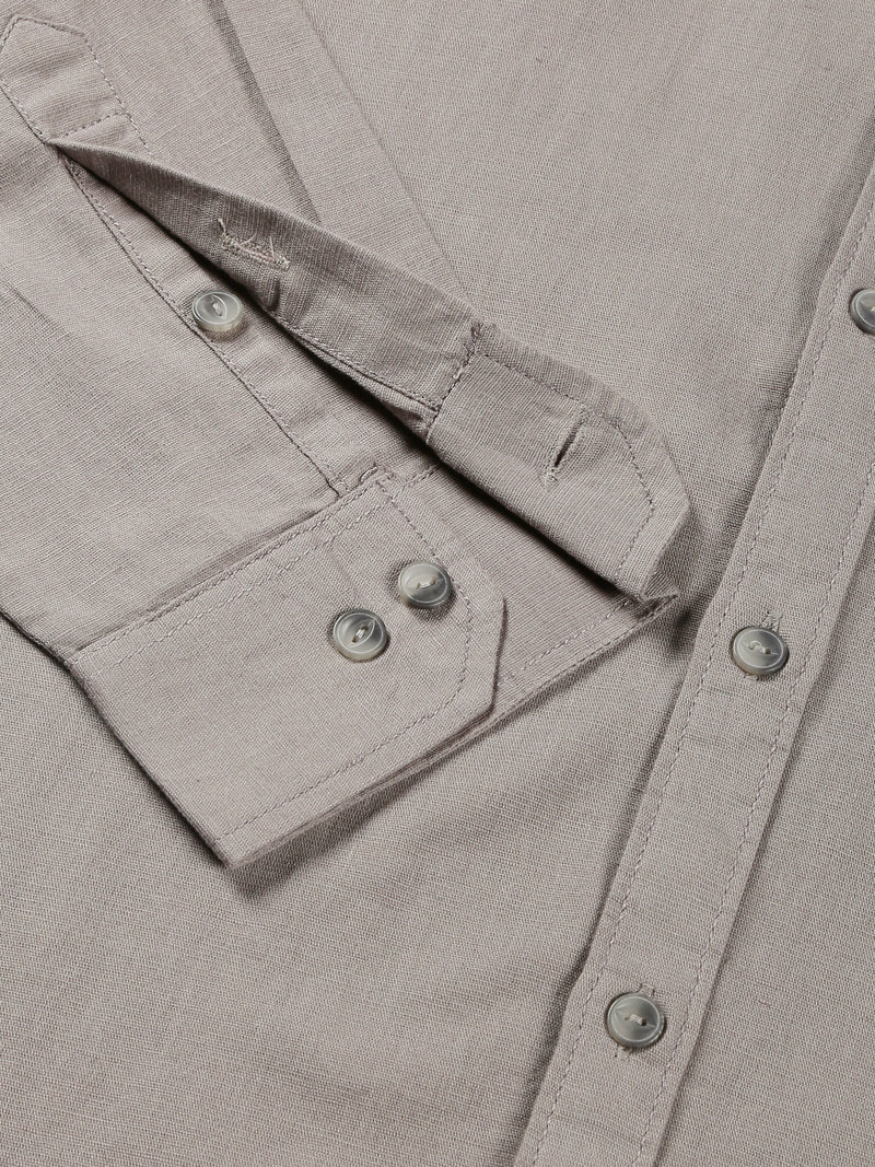 Thomas Scott Men Grey Regular Fit Long Sleeves Spread Collar Solid Cotton Linen Casual Shirt