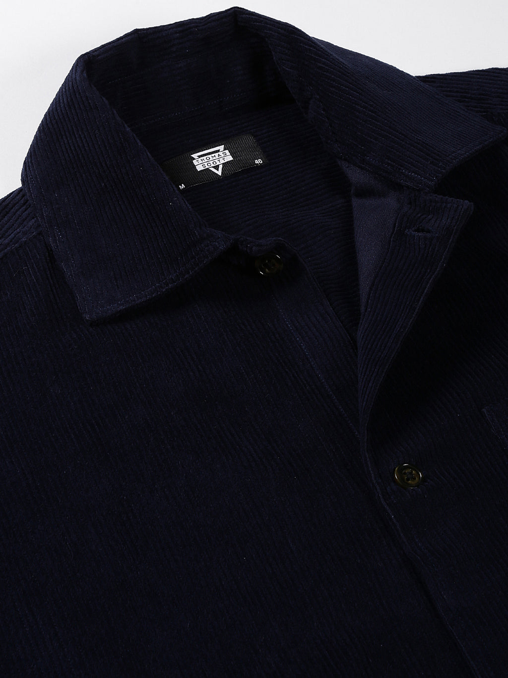Thomas Scott Men Navy Long Sleeves Regular Fit Spread Collar 100% Cotton Knitted Corduroy Shirt