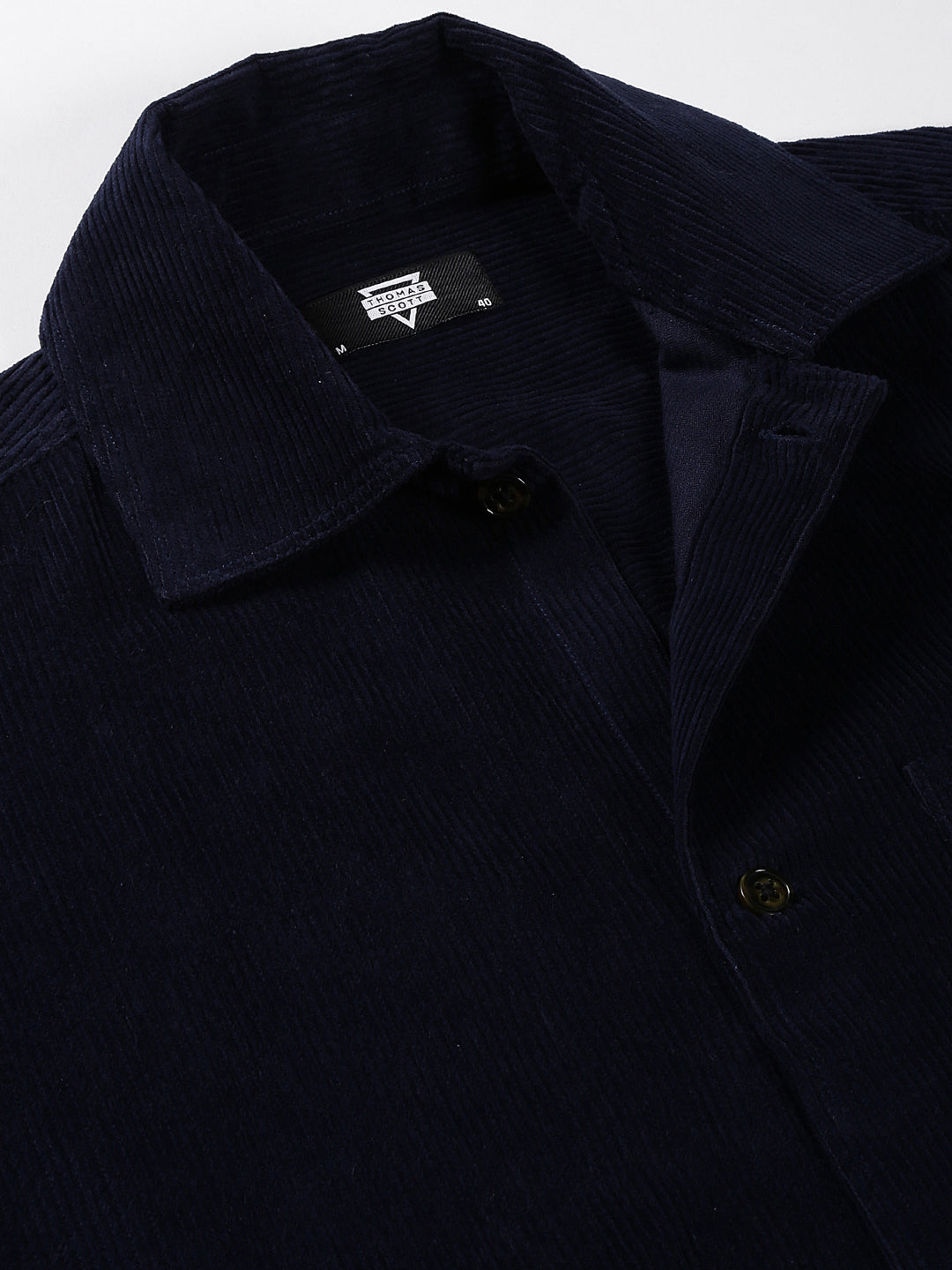 Thomas Scott Men Navy Long Sleeves Regular Fit Spread Collar 100% Cotton Knitted Corduroy Shirt