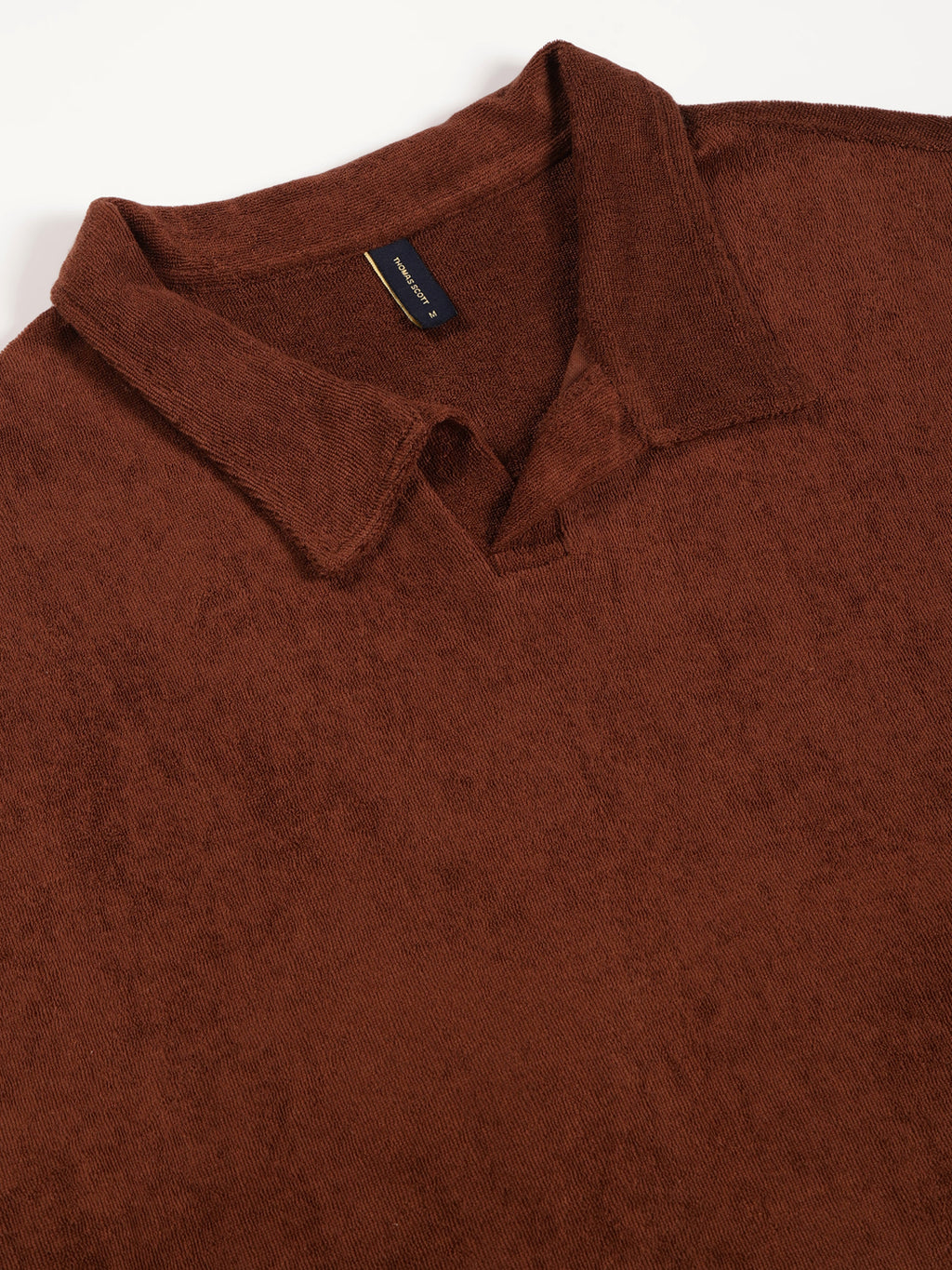 Thomas Scott Men Coffee Brown Towel Terry Short Sleeves Relaxed Fit Textured Polo Collar Knitted T-shirt
