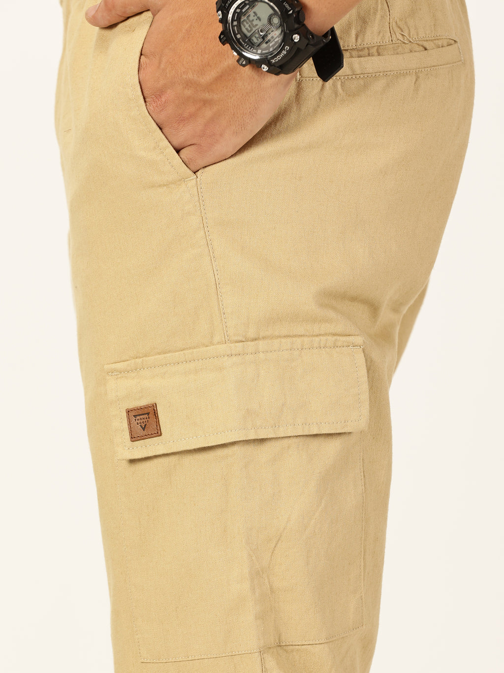 Thomas Scott Men Beige Straight Fit Mid-Rise Cotton Linen Solid Woven Cargo Trouser