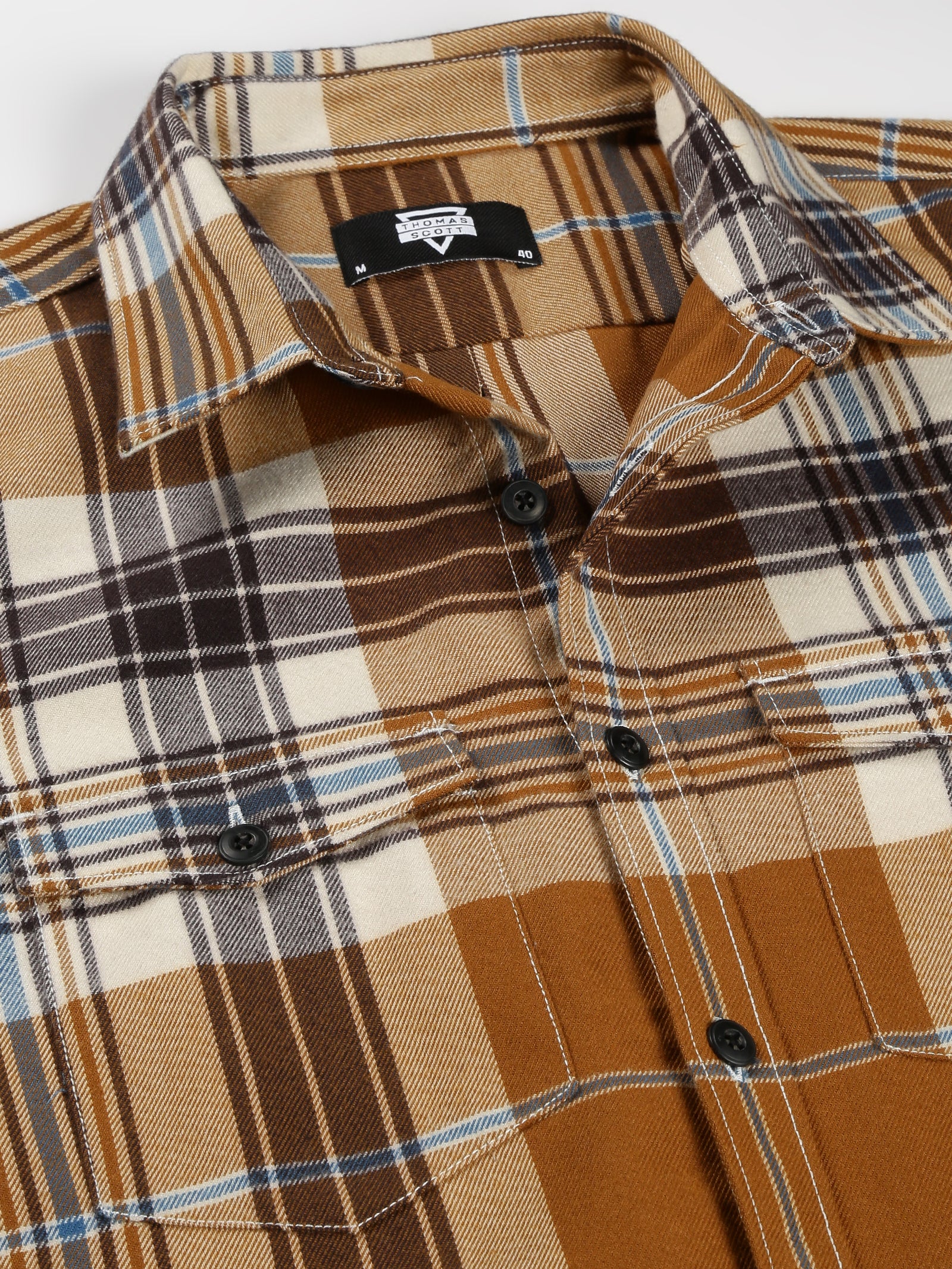 Thomas Scott Men Brown Regular Fit Long Sleeves Spread Collar Tartan Checks Double Pocket Knitted Casual Shirt