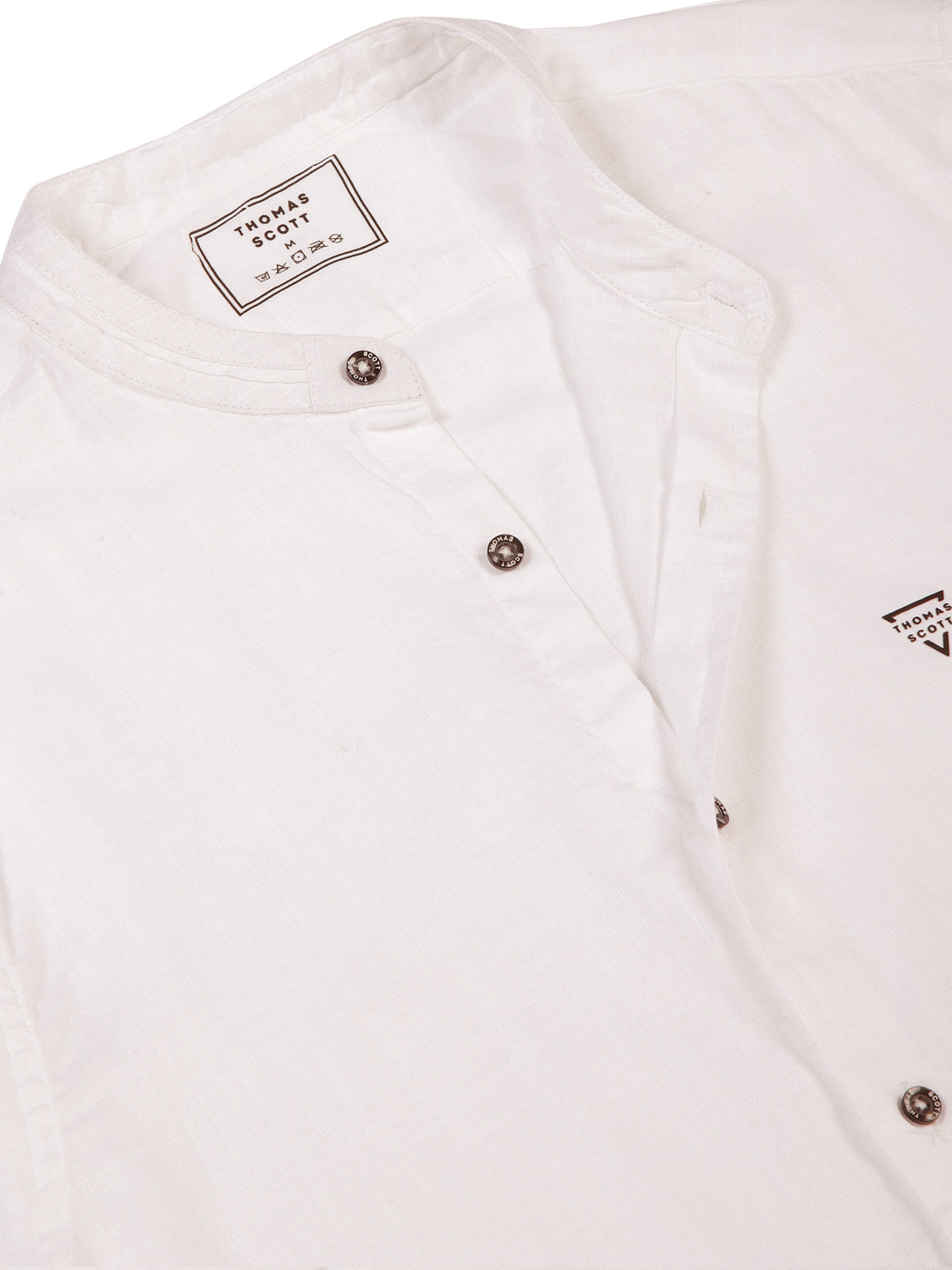 Thomas Scott Men White Slim Fit Long Sleeves Solid Mandarin Collar Cotton Linen Casual Shirt